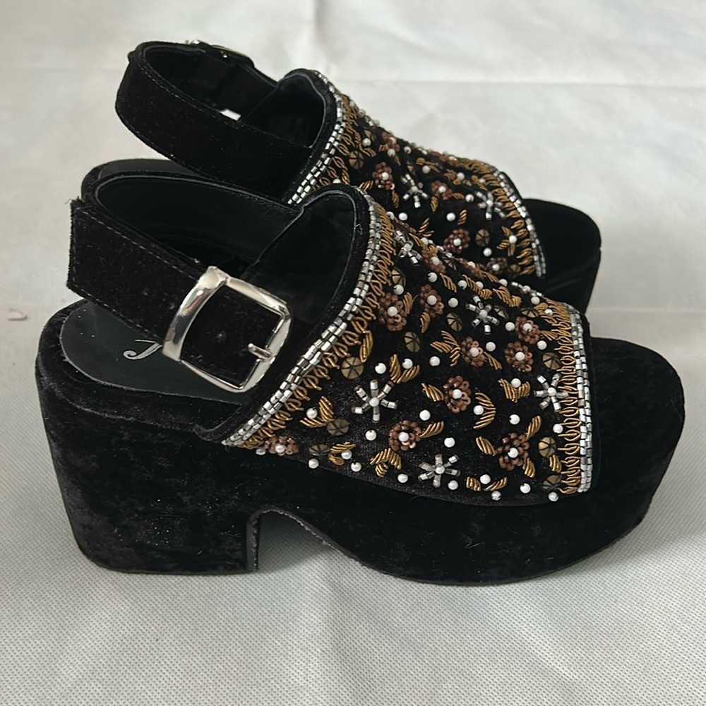 Free People Black Velvet Embroidered Embellished Nicola Heels